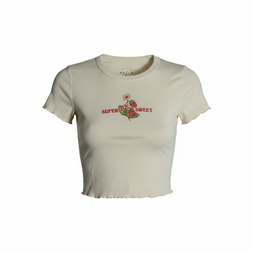 PS / LA Super Sweet Strawberry Graphic Baby Tee Cream Lettuce Edge Crop Top S